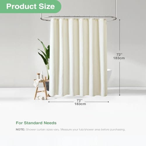 Ivory Fabric Shower Curtain - Waffle Textured Heavy Duty Cloth Curtains for Bathroom, 256GSM Hotel Luxury Weighted Polyester Bath Curtain Set with 12 Plastic Hook, 72Wx72H,Cream/Ivory thumbnail 4