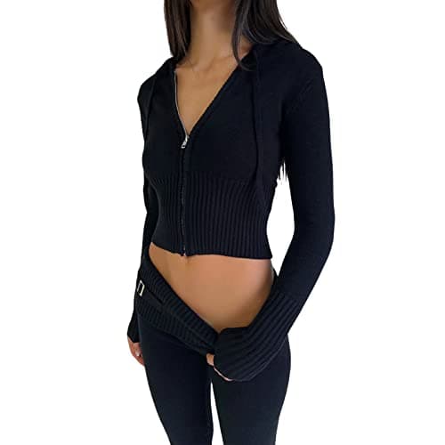 Yassiglia Tuta da Donna Invernale Lavorato a Maglia Set di Pantaloni 2 Pcs Top con Cappuccio e Zip + Pantaloni Completo da Donna Y2K Vintage - Image 1