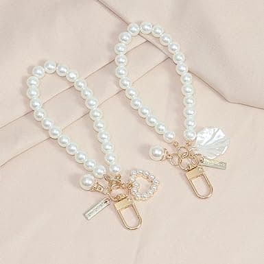 Jowxsx White Heart Pearl Keychain Phone Chain Pendant Shell Pearl Bag Keyring Hanging Ornament Car Key-Holder Decor Women's Keyrings and Keychains thumbnail 3