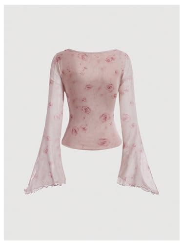 Verdusa Women's Y2K Cute Bell Sleeve Tops Floral Print Mesh Summer Long Sleeve Going Out Tops 2000s Clothing Dusty Pink Large thumbnail 3