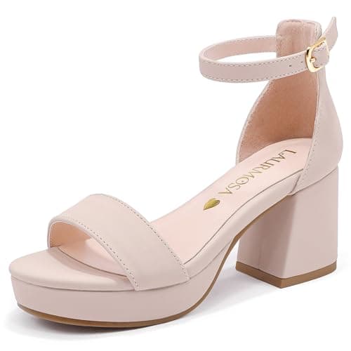 LAURMOSA Girls Dress Shoes High Heels for Kids Flower Girl Shoes for Wedding Party Big Kids Teen Dress Sandals Nude Chunky Heels Block Platform Open Toe Slip On Sandals Pumps Size 5 (L1038NuNude 5) - Image 1