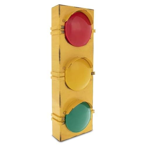 Light Up Traffic Light Wall Decor - Distressed Yellow Metal Hanging Traffic Light Lamp w/ MDF Baseboard - Battery Powered Fun Lamps for Classroom, Playroom, Garage, & More - Ideal Gifts for Kids - Image 1