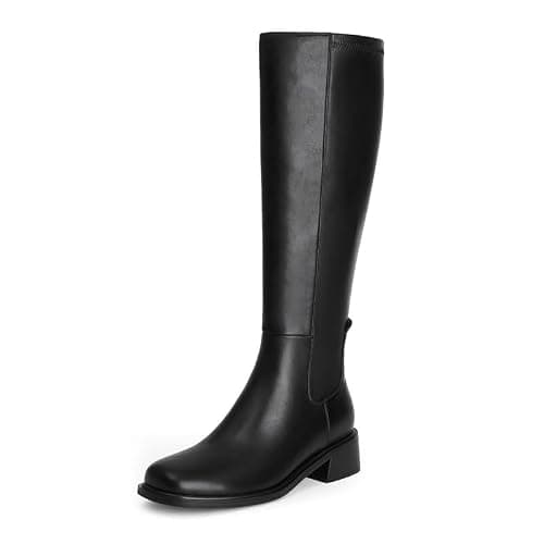QIY Knee High Boots Women Faux Leather Elastic Boots Low Heel Square Toe Side Zipper Fall Long Tall Boots for Women - Image 1