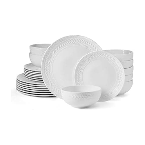 Pfaltzgraff Josephine 24-Piece Dinnerware Set, Porcelain Dish Set with Embossed Basket Weave Design, Service for 8, White Plates and Bowls Sets, Microwave and Dishwasher Safe - Image 1