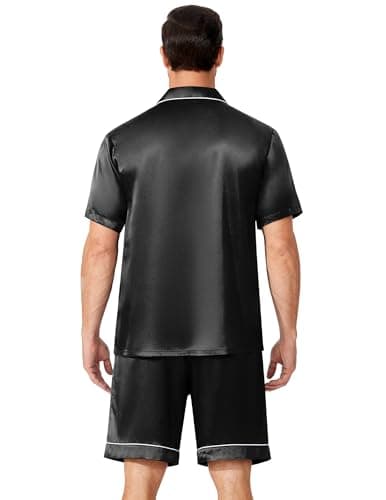 Ekouaer Pajamas for Men Silk Satin Pjs Summer Short Sleeve Sleepwear Comfort Loungewear with Pockets,Black,L thumbnail 2