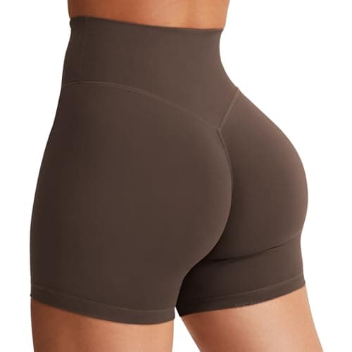 YEOREO Women's Biker Shorts 4.5" / 6" Workout Gym Shorts Craze High Waist Tummy Control Hidden Scrunch Running Yoga Coffee S - Image 1