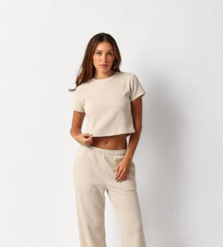 Almere Waffle Knit Lounge Set for Women Baby Tee and Sweatpants (Cream, Small) thumbnail 3