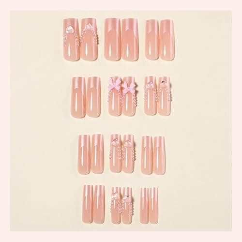 24Pcs Pink French Tip Press on Nails Long Square Fake Nails with 3D Bow Heart Glue on Nails Valentines False Nails Glossy Nude Pink Stick on Nails Cute Bow Acrylic Nails for Women Daily Wear Manicure thumbnail 5