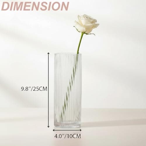 YANWE1 Clear Glass Vase, Glass Flower Vase, Ribbed Glass Vase, Clear Vase, Tall Cylinder Glass Vases for Centerpieces, Living Room, Dining Table, Office, Wedding, Bookshelf Decoration, 9.8 Inches thumbnail 6