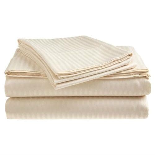 Full Size Dobby Stripe Sateen Sheet Set in Beige Microfiber New - Image 1