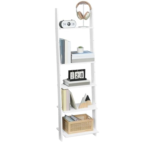 HOOBRO 5-Tier Ladder Bookshelf, Wall Leaning Ladder Shelf, 58.3" H, Decorative and Storage Shelves, Multifunctional Plant Stand, Living Room, Bathroom, Bedroom, White WT56CJ01 - Image 1