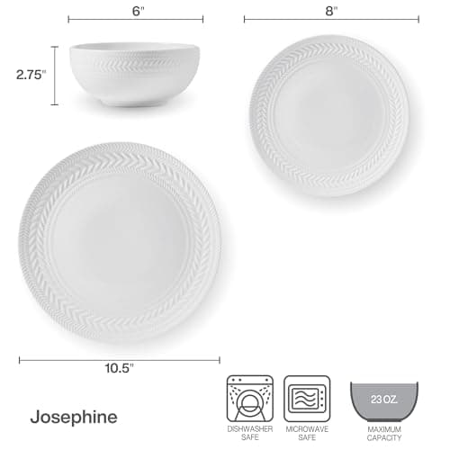 Pfaltzgraff Josephine 24-Piece Dinnerware Set, Porcelain Dish Set with Embossed Basket Weave Design, Service for 8, White Plates and Bowls Sets, Microwave and Dishwasher Safe thumbnail 6
