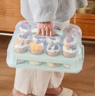 Top Shelf Elements Cupcake Carrier, EXTRA TALL LID, Green Cupcake Holder Carries 24 Standard-Size Cupcakes, Muffin Traveler Two Tier Stand Reusable Cupcake Box thumbnail 6