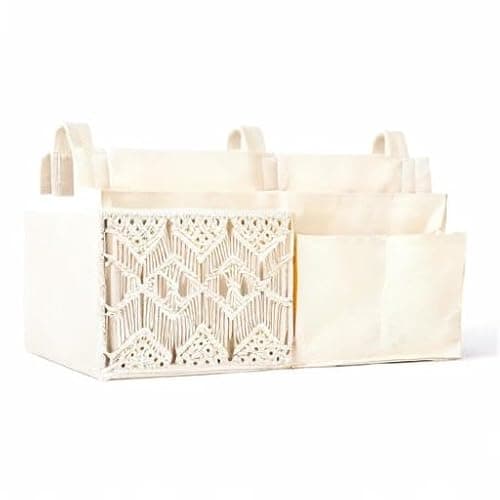 Mkono Bedside Caddy, Macrame Bunk Bed Hanging Organizer, 7 Pockets Ivory | Dorm Room Essentials, Boho Storage Bag, Remote Books Magazines Phone Snacks Drinks Holder, Bedroom Nursery Loft Baby Bed Rail thumbnail 10