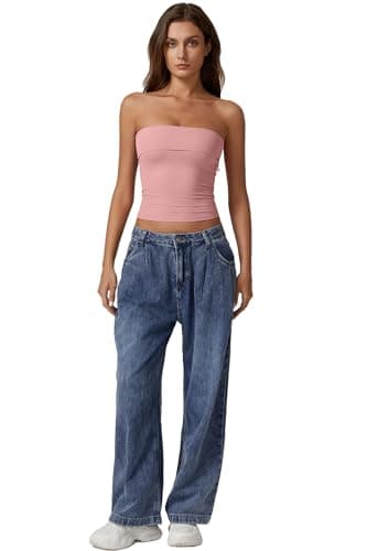 QINSEN Womens Y2k Off Shoulder Tops Double Lined Strapless Tube Top Going Out Bandeau Crop Tops Pink M thumbnail 6