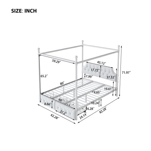 CITYLIGHT Metal Canopy Platform Bed with Upholstered Headboard, Queen Size Canopy Bed with 2 Storage Drawers (Metal, White) - White Metal - Queen thumbnail 2