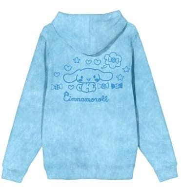 Bioworld Cinnamoroll Line Art Women's Blue Mineral Wash Long Sleeve Fleece Hooded Sweatshirt thumbnail 3