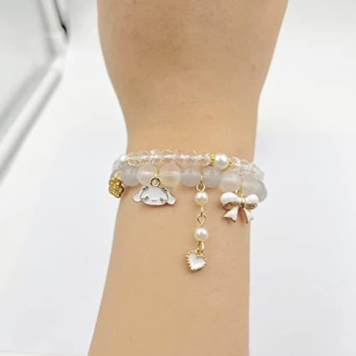 Kawaii Bracelets Crystal Beads Cinnamoroll Bracelet Set Cute Cartoon Elastic Beaded Bow Pearl Bracelets Anime Jewelry Christmas Stocking Stuffers for Women Bff Friendship (White) thumbnail 5