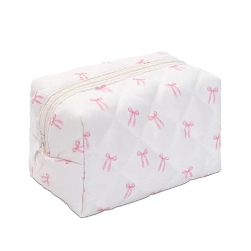 BACDOILQ Quilted Makeup Bag, Pink Bow Cotton Cosmetic Bag, Coquette Makeup Pouch for Women Girls, Aesthetic Organizer Bags Travel Toiletry Bags - Image 1