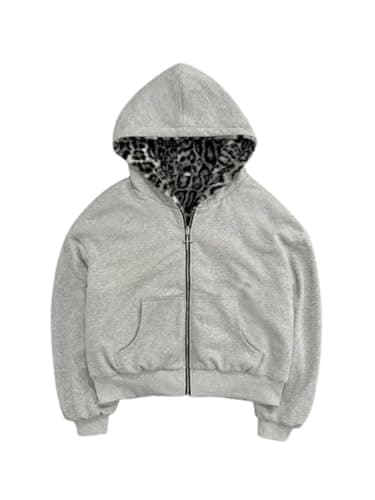 CUTEGAL Zip Up Hoodie Oversized Leopard Print Jacket Reversible Streetwear Fall Grunge Hoodies Streetwear - Image 1