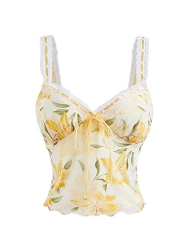 Milumia Women's Floral Print Sweetheart Neck Tank Top Tie Front Mesh Crop Summer Camisoles Yellow Large - Image 1