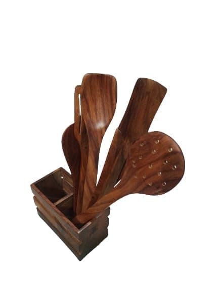 Six Wooden Kitchen Long Spoon Pure sheesham Wood with Spoon Holder thumbnail 2