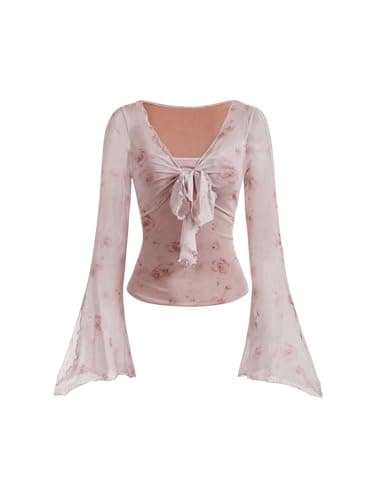 Verdusa Women's Y2K Cute Bell Sleeve Tops Floral Print Mesh Summer Long Sleeve Going Out Tops 2000s Clothing Dusty Pink Large - Image 1