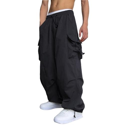 WZIKAI Men's Baggy Cargo Pants Casual Parachute Cargo Pants Loose Fit Hip Hop Harem Pants with Pockets Black XXL - Image 1