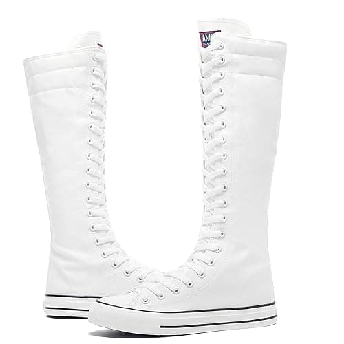rismart Women's Tall Canvas Boots Knee Length Lace Up Punk Dancing Sneakers White, 8 thumbnail 4