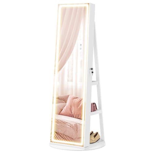 SONGMICS LED Jewelry Cabinet Standing, Lockable Armoire With Full-Length Mirror and Adjustable Lights, Space-Saving Organizer, Gift Idea, Cloud White UJJC008W01 - Image 1