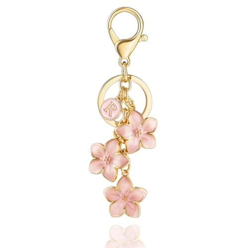 XGALBLA Big Flower Keychain, Enameled Cute Pink Flower Initial Letter R Keychain for Women, Bag Charms for Handbags Purse Accessories(Pink R) - Image 1
