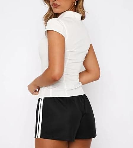 Women Y2k Button Down Blouse Short Sleeve V Neck Collared Cropped Shirt Tops Slim Fit Coquette Going Out Tops thumbnail 3