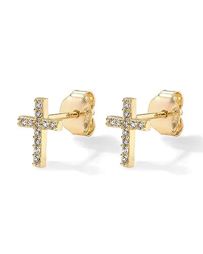 PAVOI 14K Yellow Gold Plated 925 Sterling Silver Earrings | Pave CZ Yellow Gold Cross Earrings for Women thumbnail 3