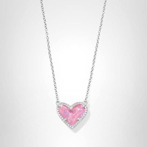 Kendra Scott Ari Heart Short Pendant Necklace in Pink Iridescent Glitter Glass, Rhodium-Plated Brass, Fashion Jewelry for Women thumbnail 3