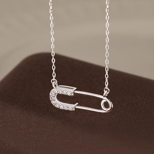 Reffeer Solid 925 Sterling Silver Safety Pin Choker Necklace for Women Teen Girls Paper Clip Pendant Necklace CZ Pin Necklace (A-Silver) thumbnail 6