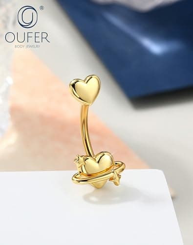 OUFER 14G Heart Belly Button Rings made of 316L Surgical Steel, Minimalist Star Gold Belly Piercing Jewelry, Romantic Navel Rings for Women thumbnail 4