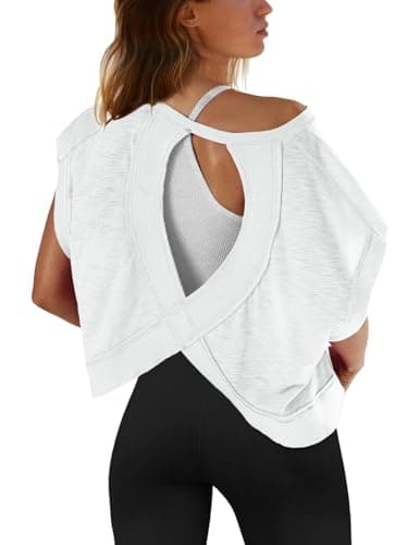 SENSERISE Womens Open Back Workout Tops Backless Short Sleeve Athletic Shirt Running Crop Top Gym Yoga Tee(Snow White,S) - Image 1