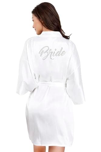 EPLAZA Women's One Size Silver Rhinestones Bride Bridesmaid Short Satin Robes for Wedding Party Getting Ready - White - Bride thumbnail 2