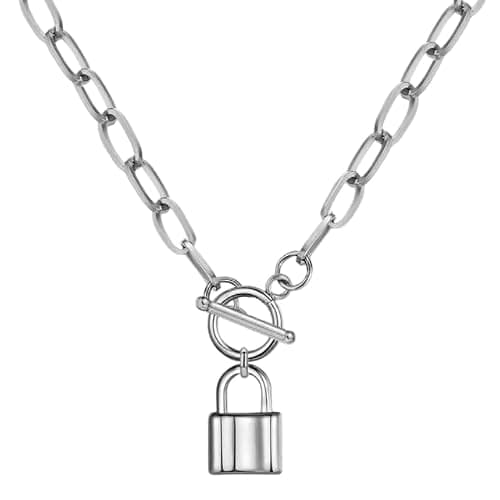925 Sterling Silver Coin Toggle Necklace For Women, Paperclip Chain Padlock Pendant - Lock And Key, Heart, thumbnail 5