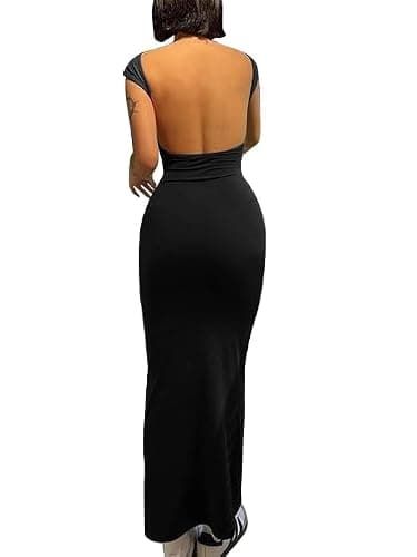 AYWA Womens Sexy Backless Maxi Dress Casual Bodycon Short Sleeve Party Club Long Dresses - Image 1