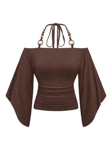 Verdusa Women's Y2k Off Shoulder Halter Top Cinched Waist Going Out Tops Flare Sleeve Ruched Fitted T Shirts Coffee Brown Large - Image 1
