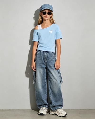 Kxuryueo Tween Girl Outfit Set One Shoulder Top & Wide Leg Denim Jeans Fashion Trendy Clothes Size 9 10 thumbnail 5