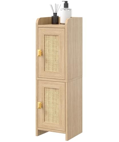 Akxomel Rattan Small Bathroom Cabinet with 2 Doors, 7.9''D x 7.9''W Narrow Toilet Paper Storage Cabinet, Bathroom Organizer for Small Spaces, Wooden Slim Corner Unit with Adjustable Shelf, Natural Oak thumbnail 9