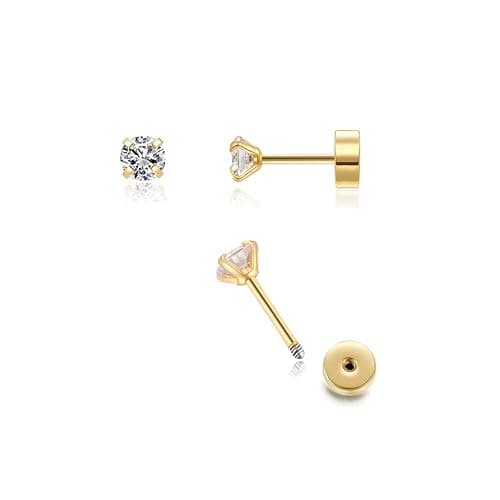 Renkovte Flat Back Screw Back CZ Stud Earrings, Small Cubic Zirconia Stud Earrings for Helix Cartilage Tragus Earlobe Piercing for Women (2mm 3mm 4mm Gold Color) - Image 1