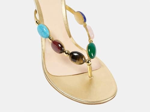 Coutgo Womens Gold Heeled Sandals Jeweled Kitten Heel Starppy Flip Flop Backless Open Toe Slides Boho Summer Vacation Beach Shoes thumbnail 5