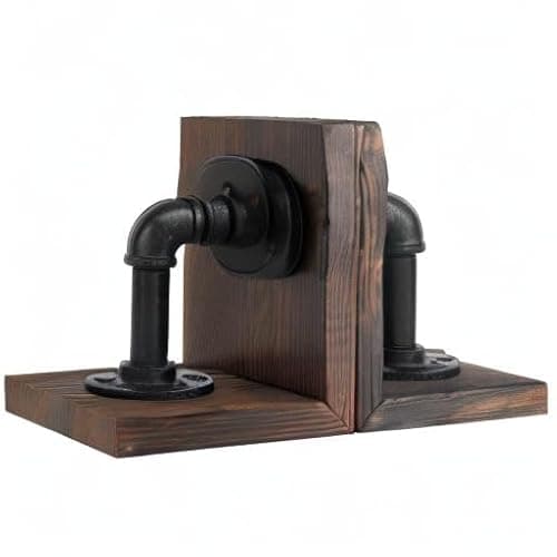 MyGift Book Ends Decorative, Bookends for Shelves, Metal Bookends for Heavy Books, Office Decor for Men, Wood Book Stopper, Realistic Industrial Pipe Design, Dark Brown thumbnail 10