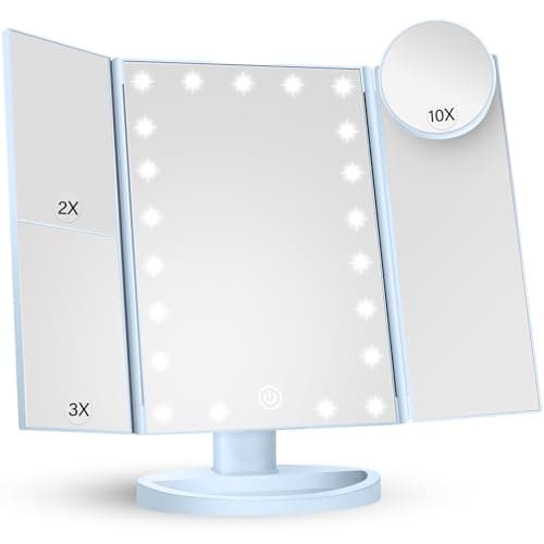 HUONUL Makeup Mirror Vanity with Lights, 2X 3X 10X Magnification, Lighted Mirror, Touch Control, Trifold Dual Power Supply, Portable LED Women Gift (Blue) - Image 1