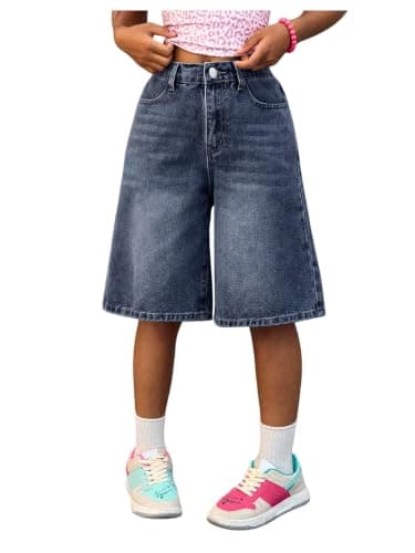 OYOANGLE Girl's Baggy Jorts Bermuda Denim Shorts Loose Elastic Waist Wide Leg Jean Shorts Dark Wash 9 Years - Image 1