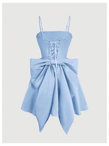 WDIRARA Women's Satin Bow Homecoming Dresses Spaghetti Strap Wedding Guest Gown Summer Mini Dress Blue thumbnail 2