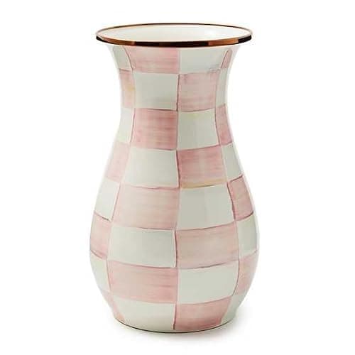 MACKENZIE-CHILDS Enamel Tall Vase, Pink-and-White Rosy Check | Hand-painted design, decorative flower vase and bouquet holder, made from enameled steel, 6" dia. x 10" H - Image 1
